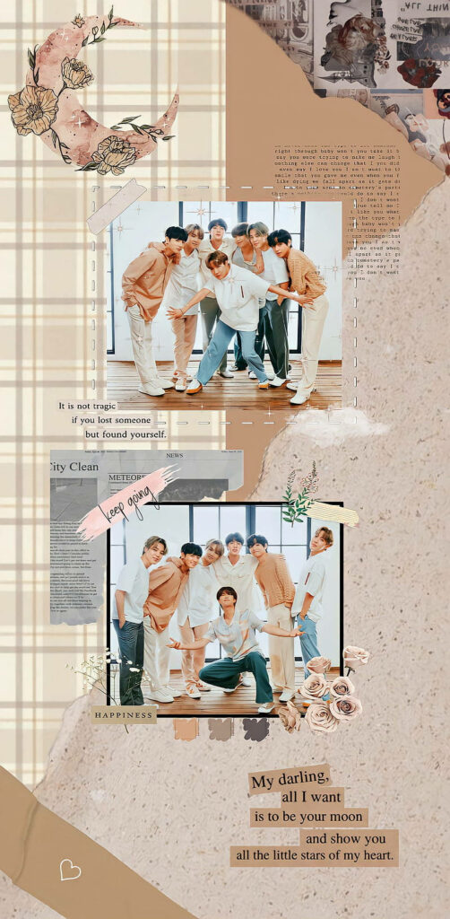 BTS Bliss: Pastel Brown Enchantment with the Seven Mesmerizing Band Members - Aesthetic Wallpaper