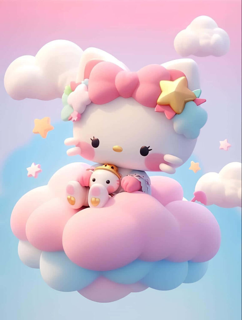 Dreamy Hello Kitty 3D Wallpaper on Fluffy Clouds with Pastel Background