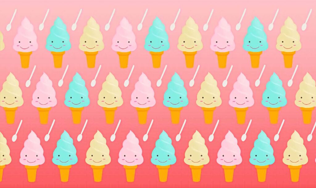 Pastel ice cream cones with smiling faces and white spoons on soft pink gradient wallpaper background