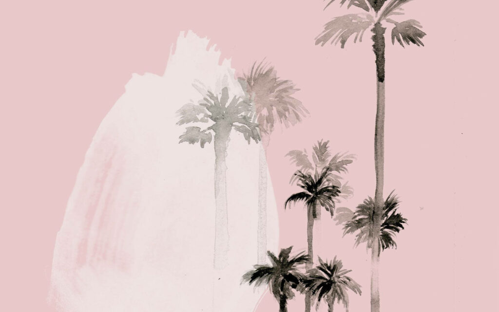 Pastel Paradise: A Dreamy Aesthetic Mac Background Showcasing Whimsically Painted California Palm Trees Wallpaper