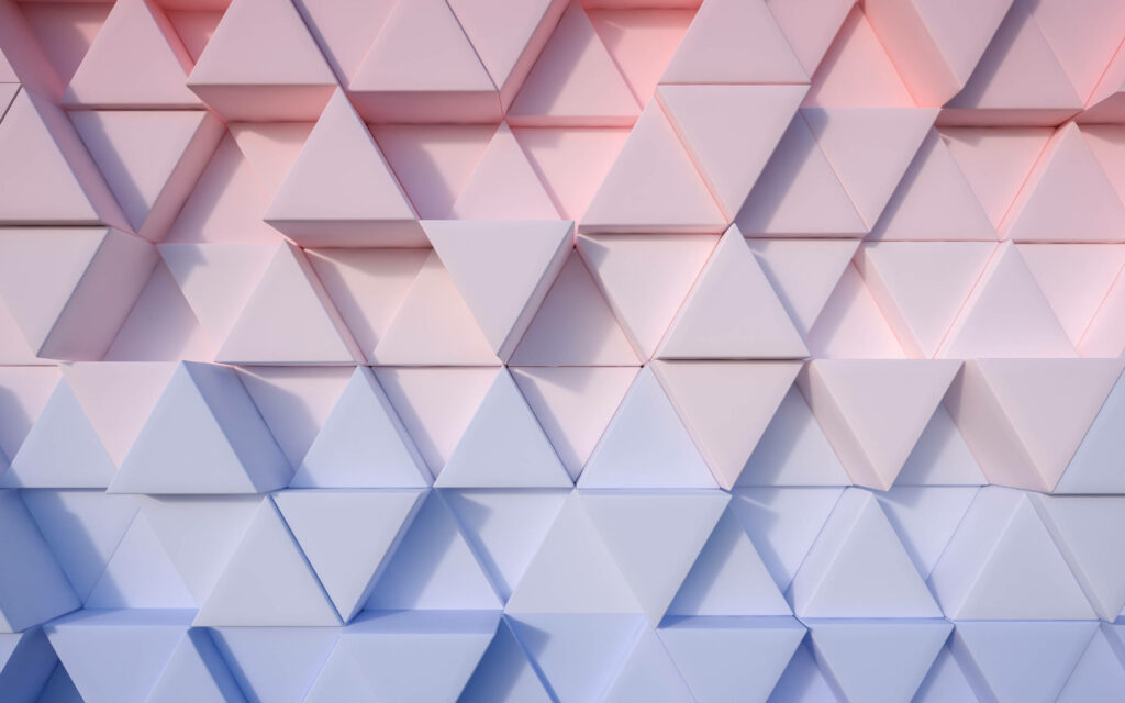 Minimalist 3D stacked triangular prisms wallpaper in pastel pink to blue gradient with soft lighting