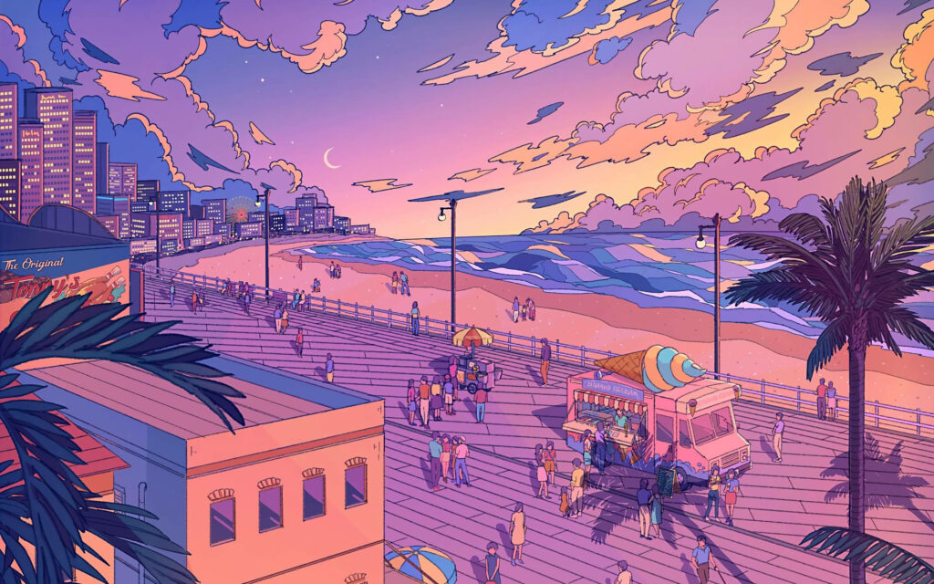 Vibrant beach boardwalk sunset with pastel pink purple hues ice cream truck coastal skyline Wallpaper
