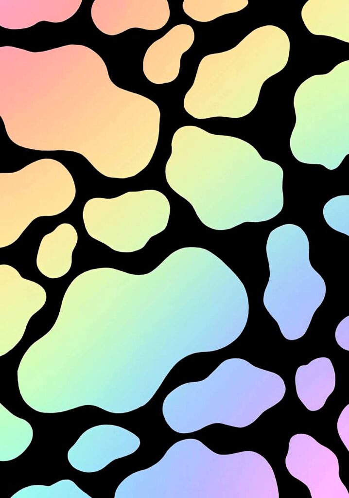 Playful cow print wallpaper with pastel rainbow spots on bold black background modern design
