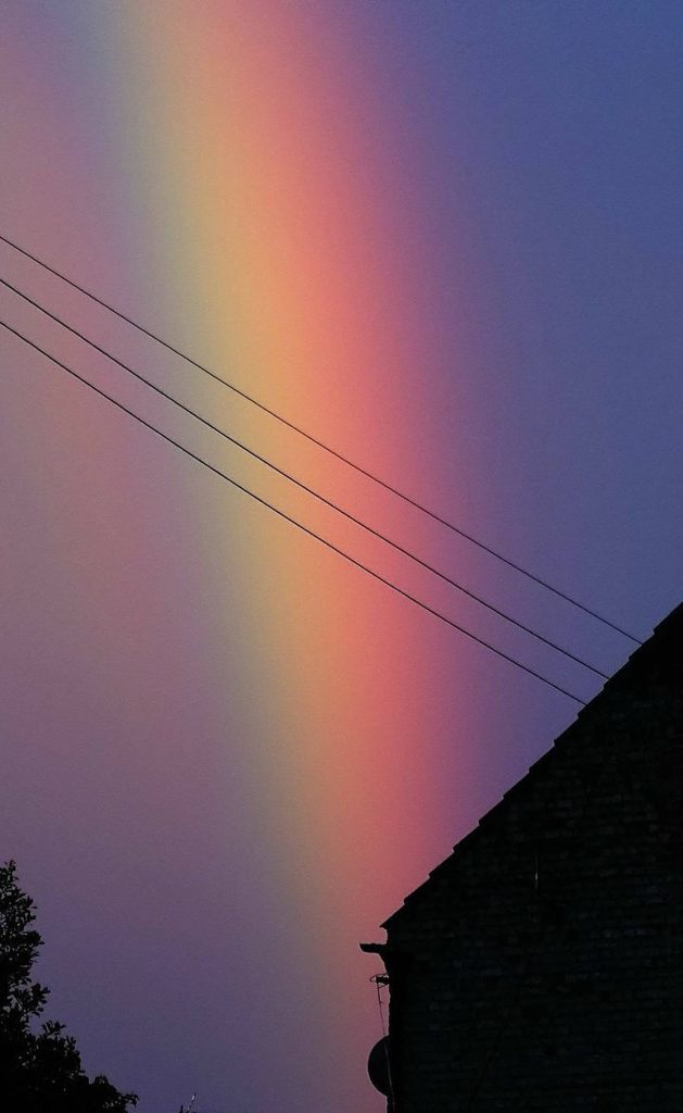 Pastel rainbow glowing in purple twilight sky over rooftop silhouette with crossing power lines Wallpaper