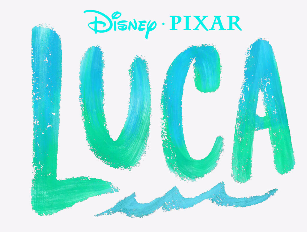 Soothing Brushstroke Rendition of Luca Movie Logo in Pastel Blue and Green Tones on a Minimalist White Background Wallpaper