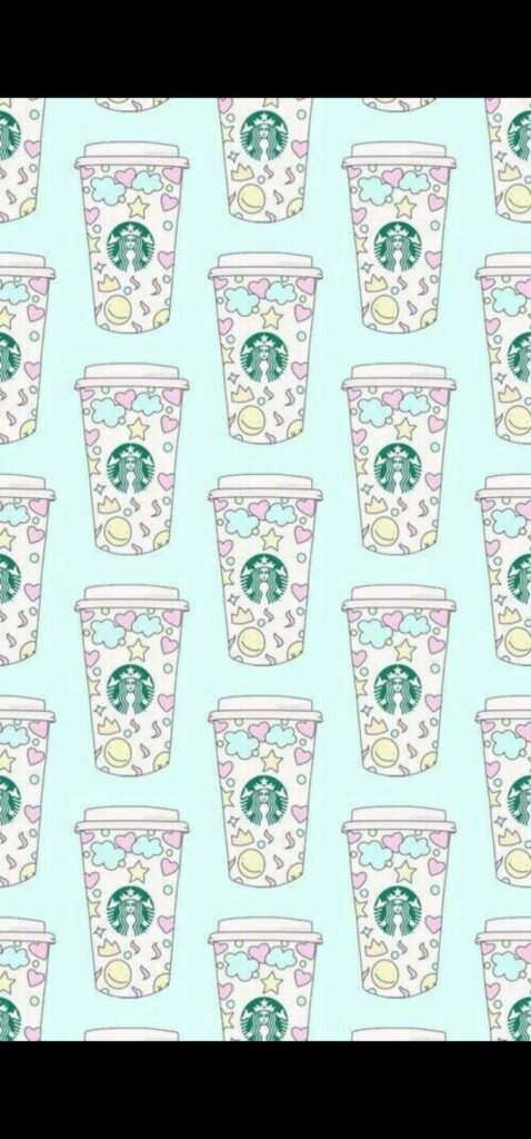 Starbucks iPhone wallpaper pastel cups pattern light blue background black border modern design