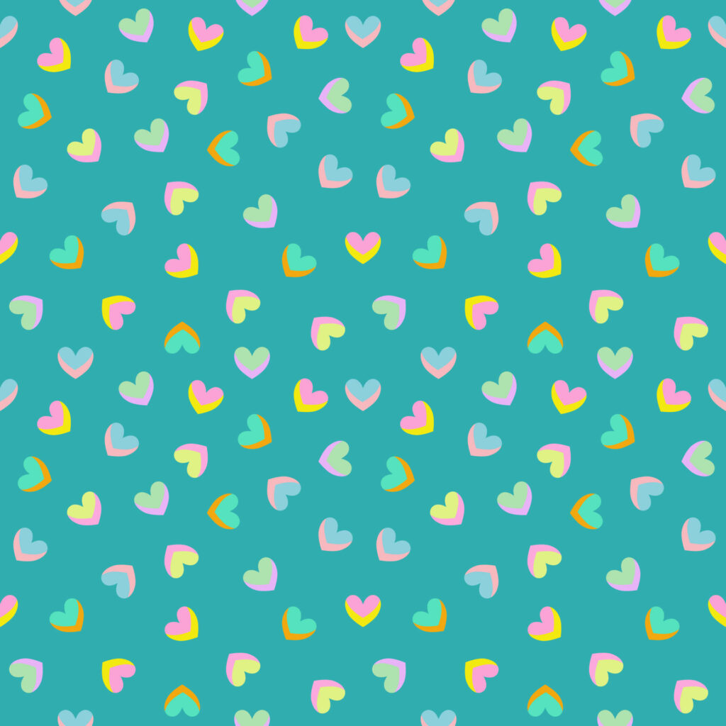 Cheerful Pastel Teal Wallpaper with Rainbow Heart Pattern Design