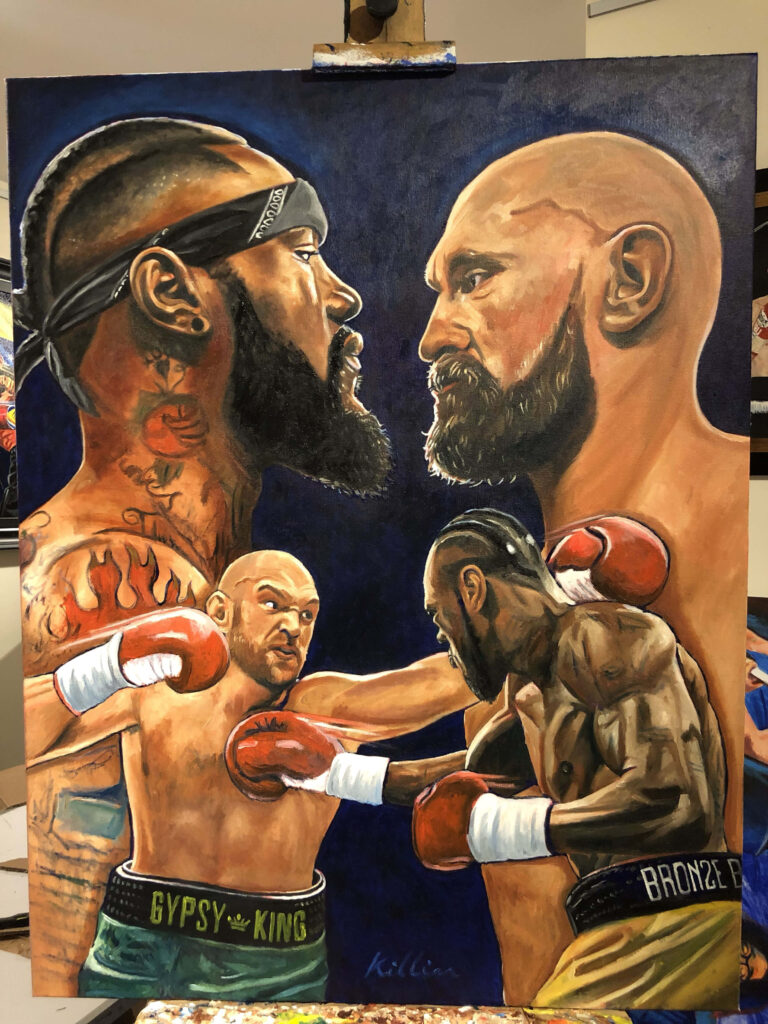 Dynamic wallpaper signed Pat Killian painting of Deontay Wilder and Tyson Fury intense rivalry