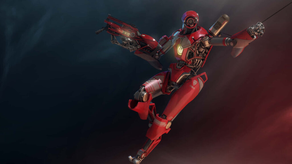 Pathfinder Apex Legends in red Angel City Pacer armor on dramatic atmospheric wallpaper background