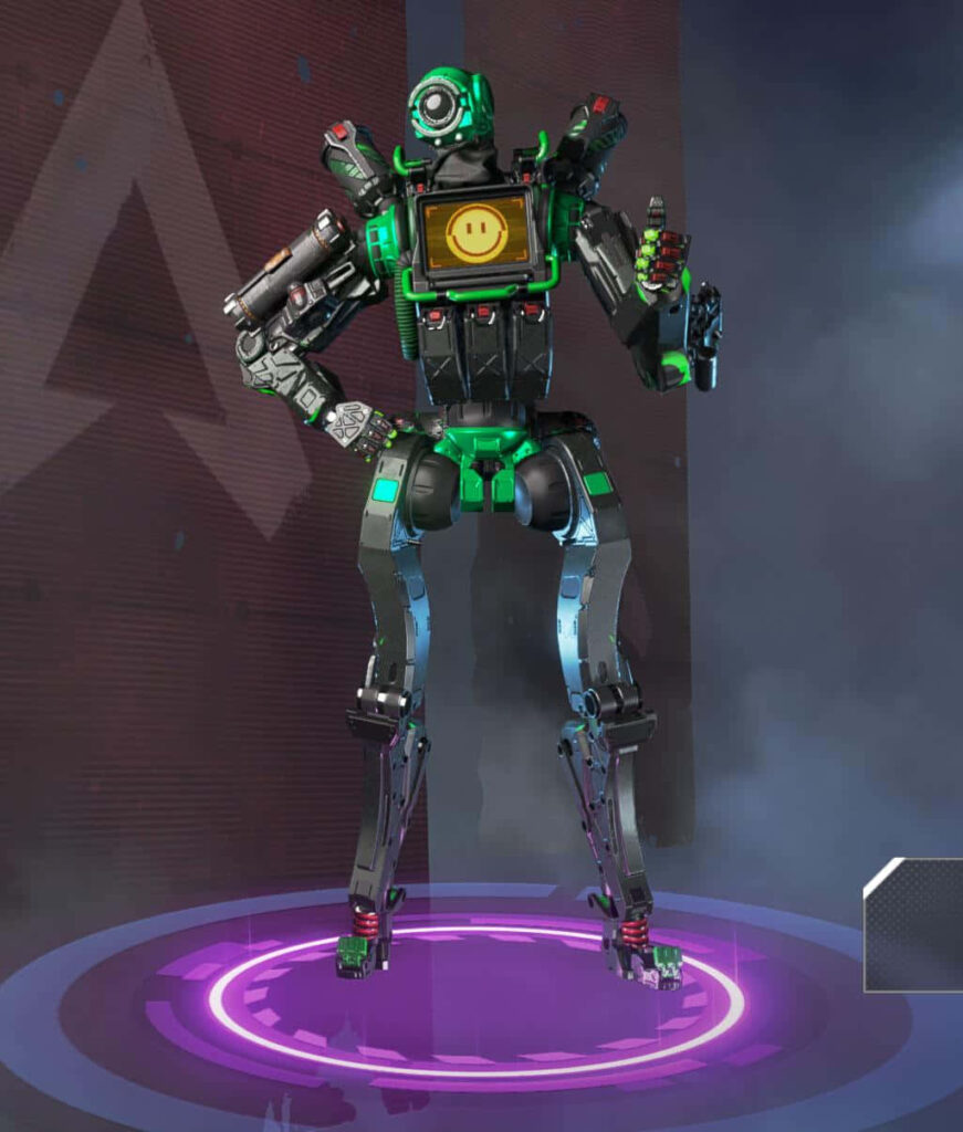 Pathfinder Apex Legends Hack the System skin on purple neon platform detailed mechanical frame wallpaper