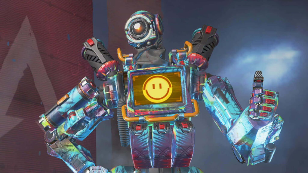 Pathfinder Apex Legends wallpaper with vibrant Tie Dye skin and smiling display on colorful backdrop