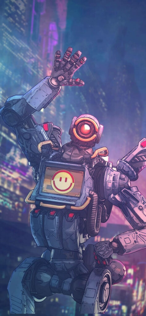 Pathfinder from Apex Legends posing cheerfully in neon-lit futuristic cityscape wallpaper background