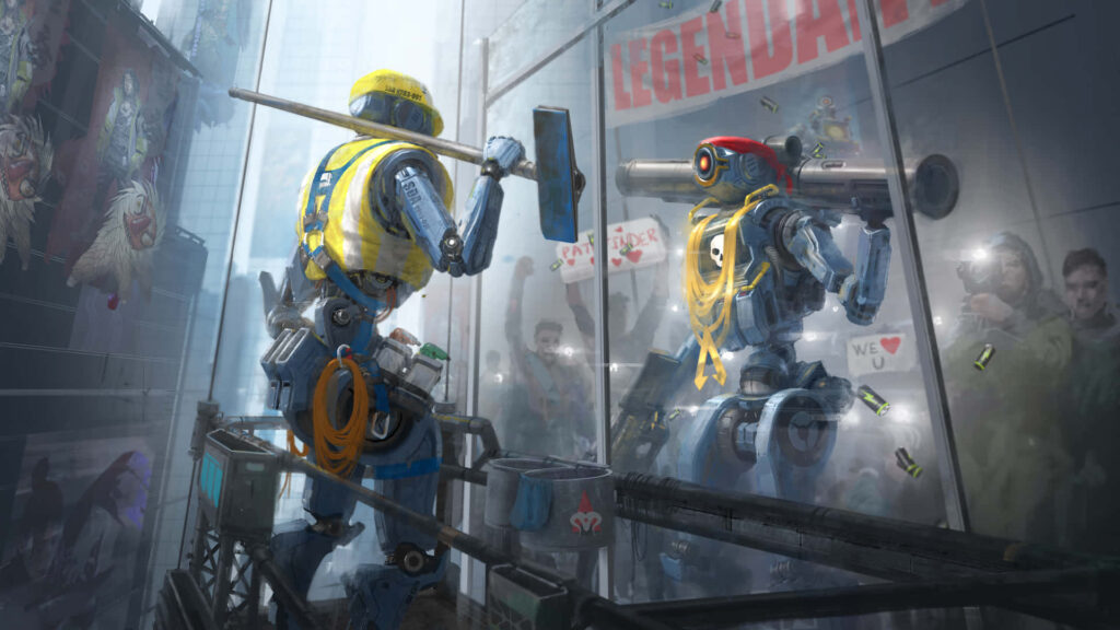 Pathfinder from Apex Legends cleaning glass window with reflection fans and banners background Wallpaper