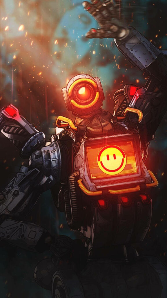 Pathfinder Heat Sync Apex Legends phone wallpaper with smiling robot and fiery glowing eye background