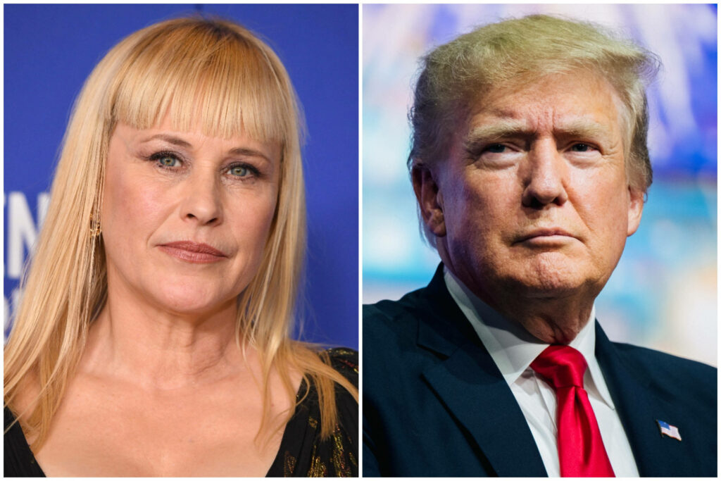Split portrait wallpaper of actress Patricia Arquette and President Donald Trump with sharp focus