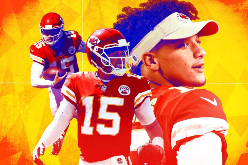 Patrick Mahomes retro fanart wallpaper dynamic poses vibrant colorful background football icon