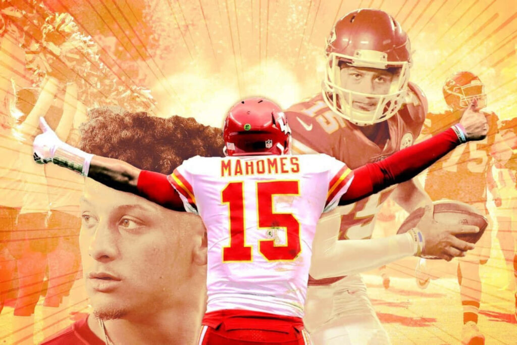 Patrick Mahomes vintage graphic wallpaper in dynamic orange and yellow tones celebrating on field