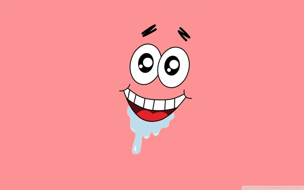 Minimalist Patrick Star happy face wallpaper drooling cartoon on solid pink background
