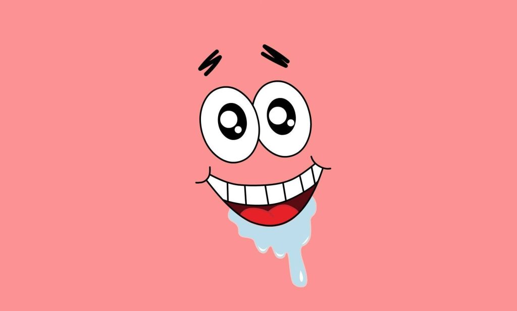 Patrick Star close-up with goofy smile drool minimalist vibrant pastel pink wallpaper background