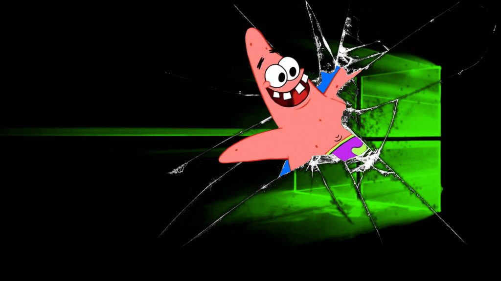 Patrick Star bursting through shattered glass on black background with neon green logo wallpaper