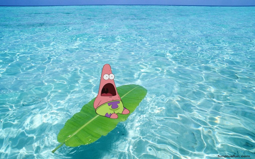 Patrick Star on green leaf drifting over clear turquoise ocean tropical desktop wallpaper background