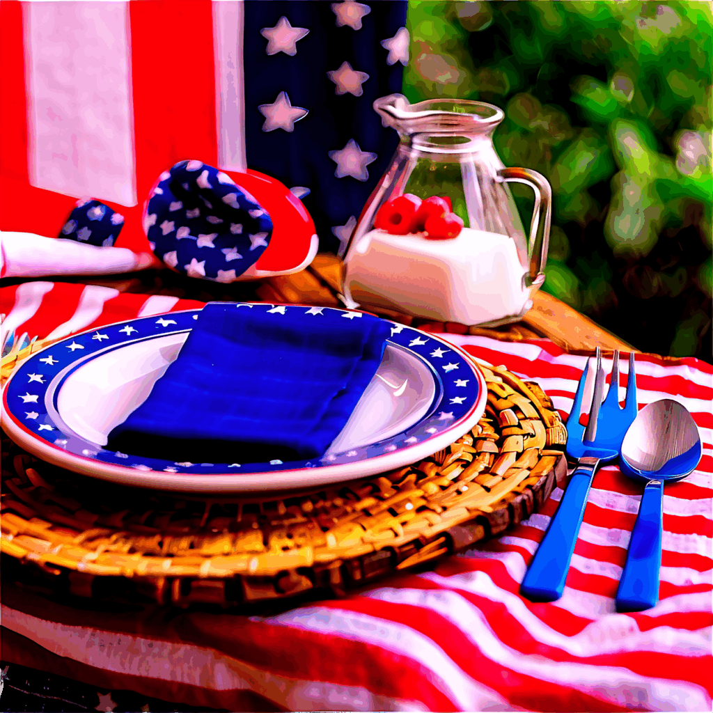 Patriotic American flag table setting with themed napkins plates cutlery milk jug and cherries Wallpaper