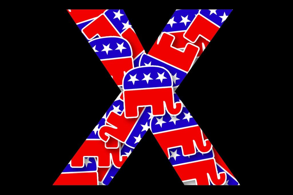 Bold digital wallpaper of letter X with Republican elephant logo in red white and blue colors