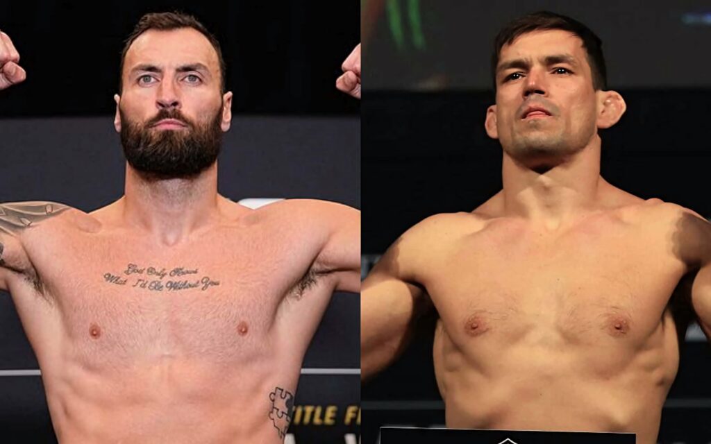 Paul Craig and Demian Maia intense MMA face-off with focused expressions and dark backdrop Wallpaper