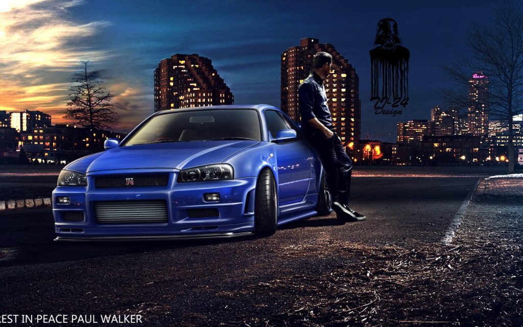 Fast and Furious tribute wallpaper featuring Paul Walker and blue Nissan Skyline GT-R R34 at night