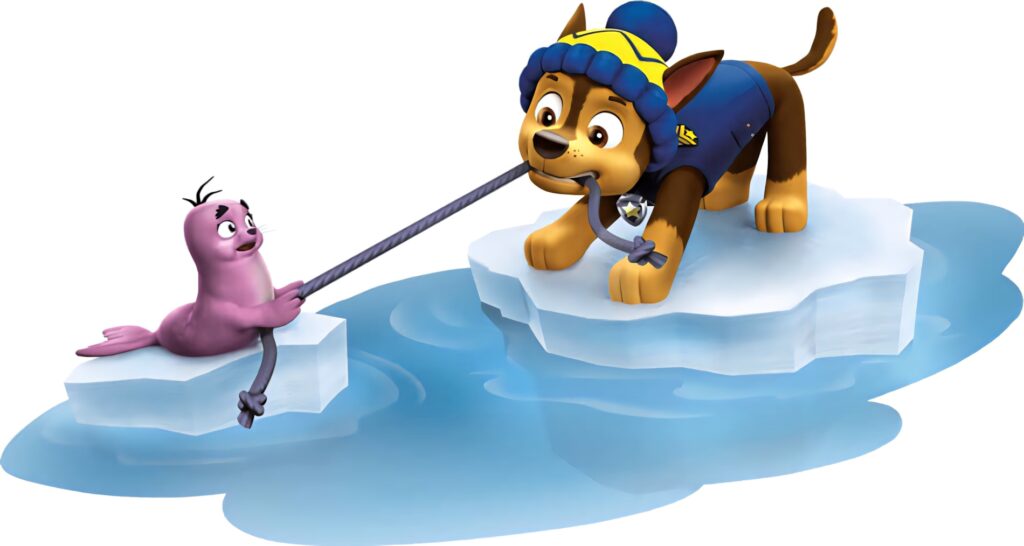Chase from Paw Patrol in blue jacket pulls rope to rescue purple seal on icy arctic adventure Wallpaper