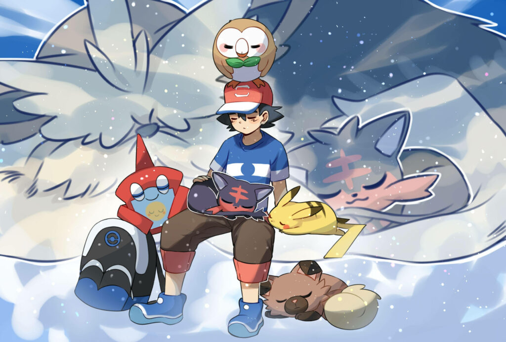 Loyal Pokemon Companions Enjoy Slumber Under Ash's Watchful Gaze Wallpaper