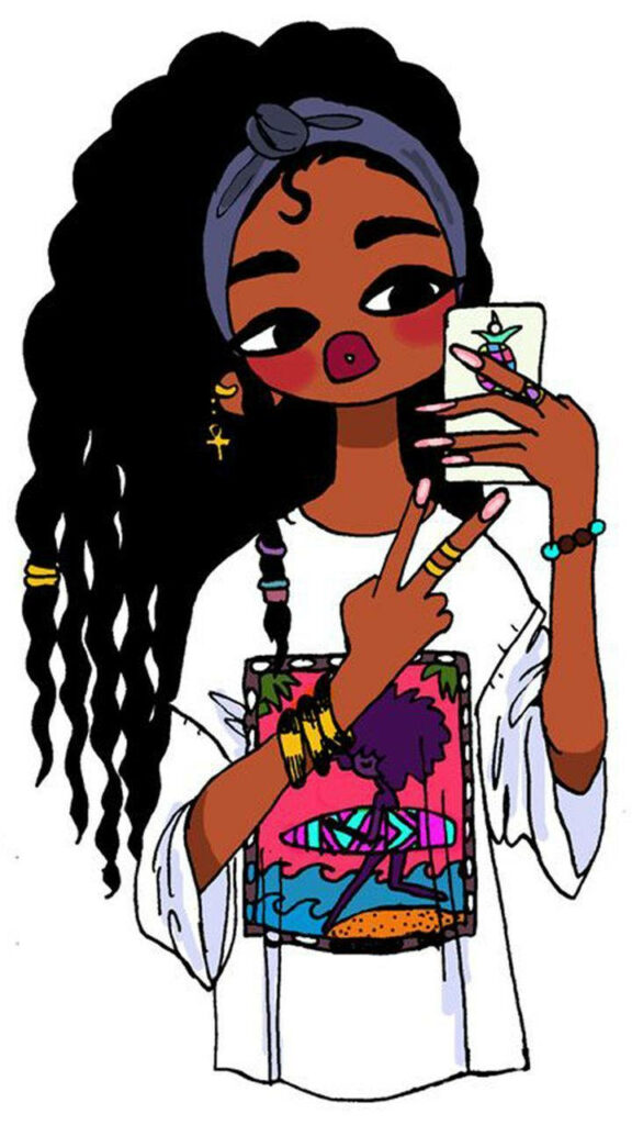 Peaceful Poses: Cartoon Black Girl Baddie Takes a Snap in a Beautiful Wallpaper in 720p HD 720x1280 Resolution