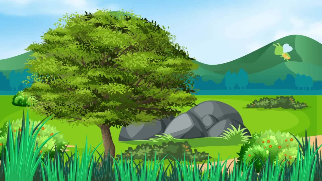 2D animated nature scene with leafy tree boulders rolling hills sunny sky and flying bee wallpaper