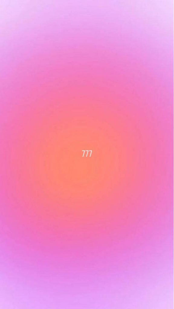 Minimalist wallpaper with glowing orange center pink gradient and white spiritual angel number 777
