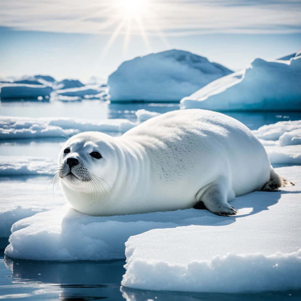 Fluffy white harp seal pup resting on ice floe in bright Arctic sunlight and blue ocean Wallpaper