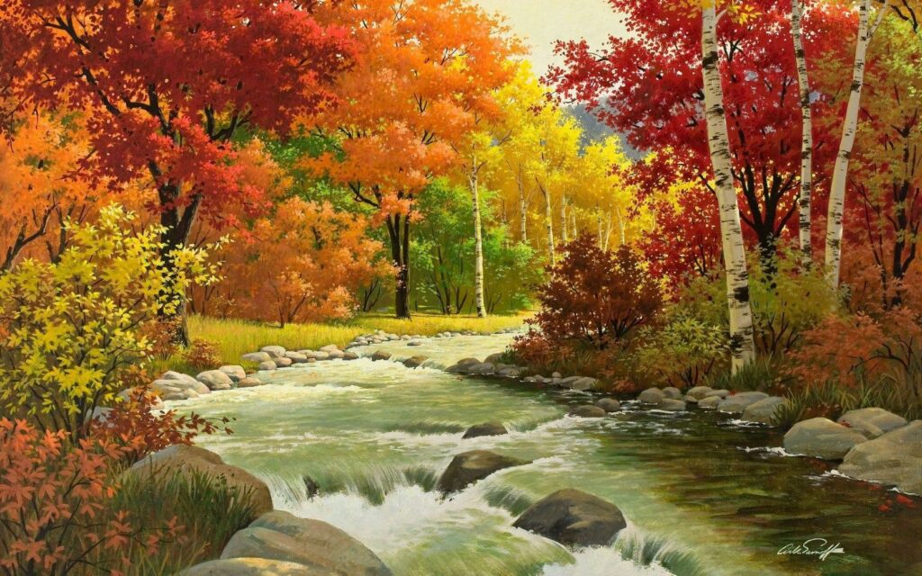 Autumn landscape wallpaper with peaceful river flowing through vibrant forest of golden red leaves