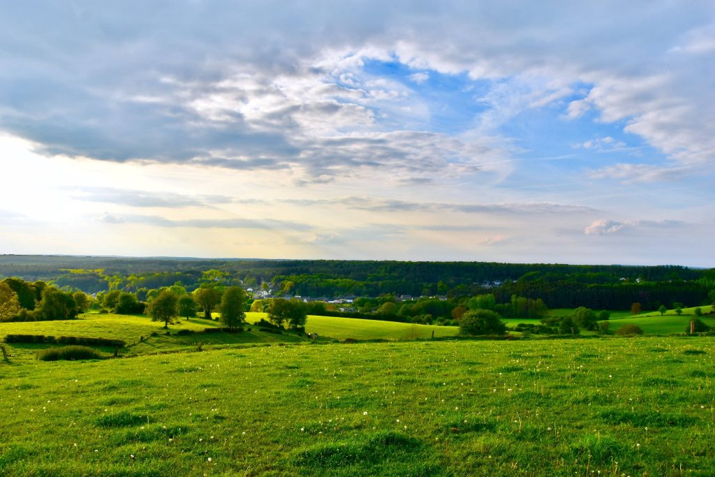 Chatillon Belgium countryside landscape with green hills wildflowers village forest sunrise sky wallpaper