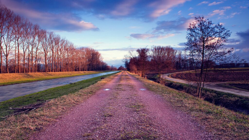 Peaceful countryside wallpaper with stony road grassy fields bare trees and river reflecting colorful sky
