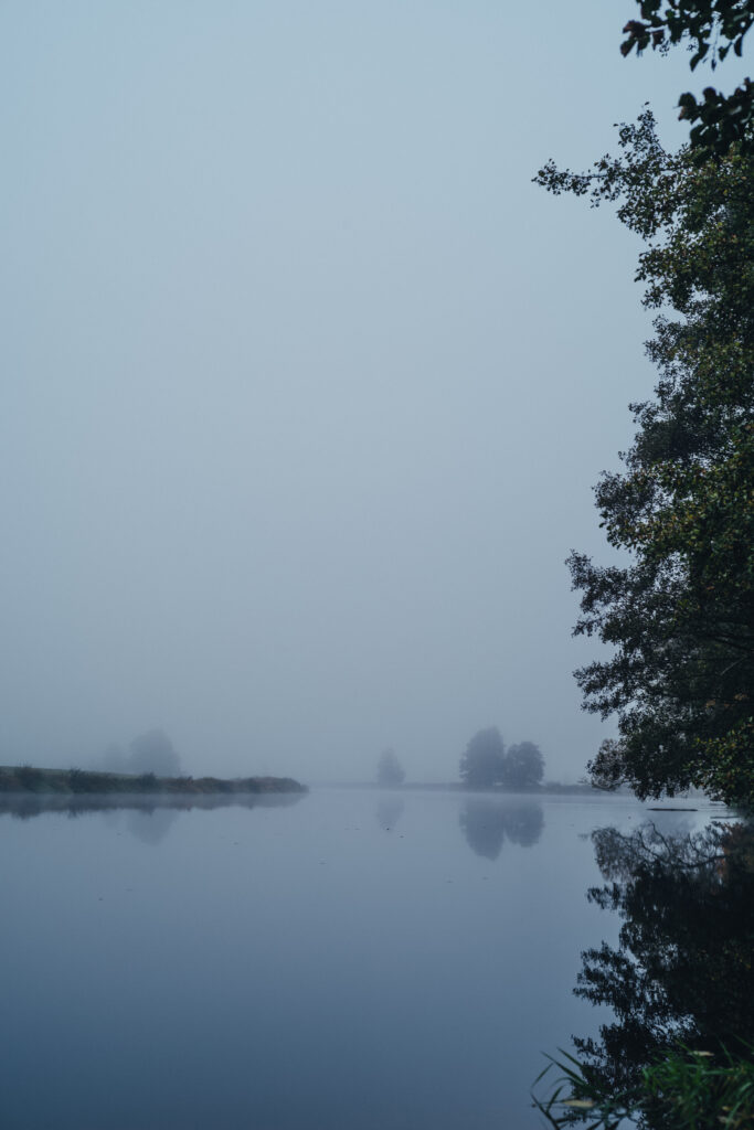 Serene foggy lake with tree silhouettes reflected on calm water minimalist nature wallpaper background