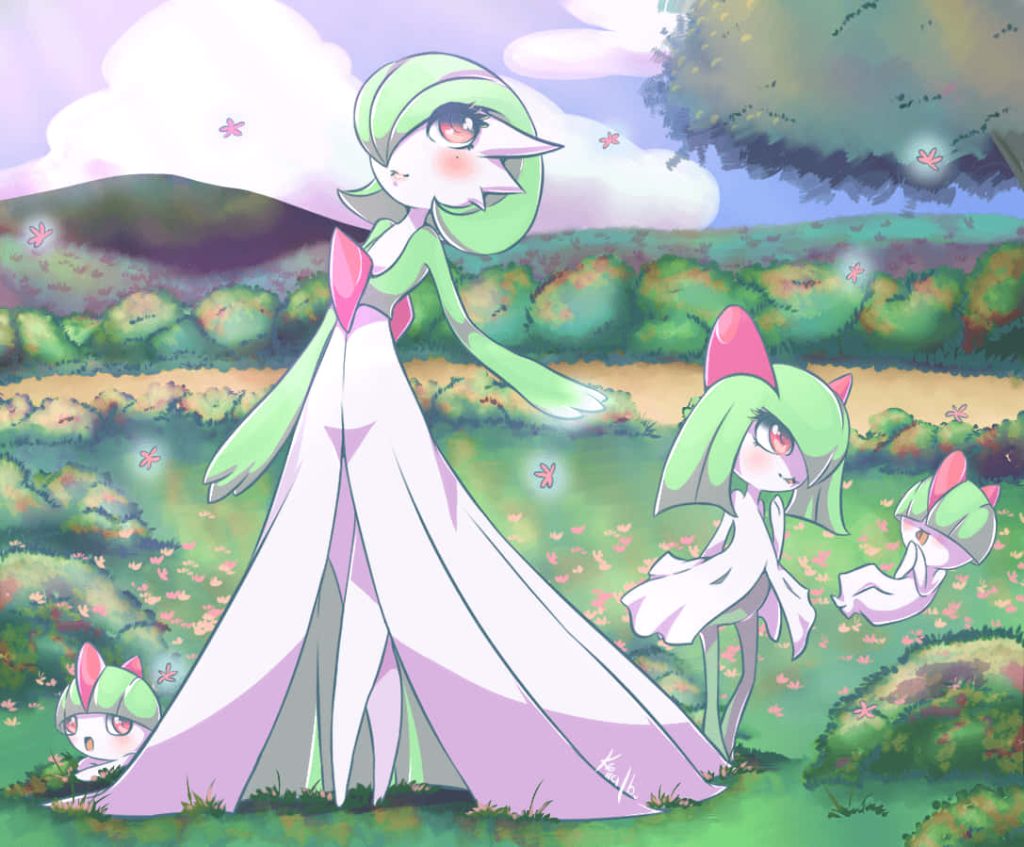 Whimsical anime art of psychic Pokémon Gardevoir Kirlia and Ralts in a sunny flower meadow Wallpaper