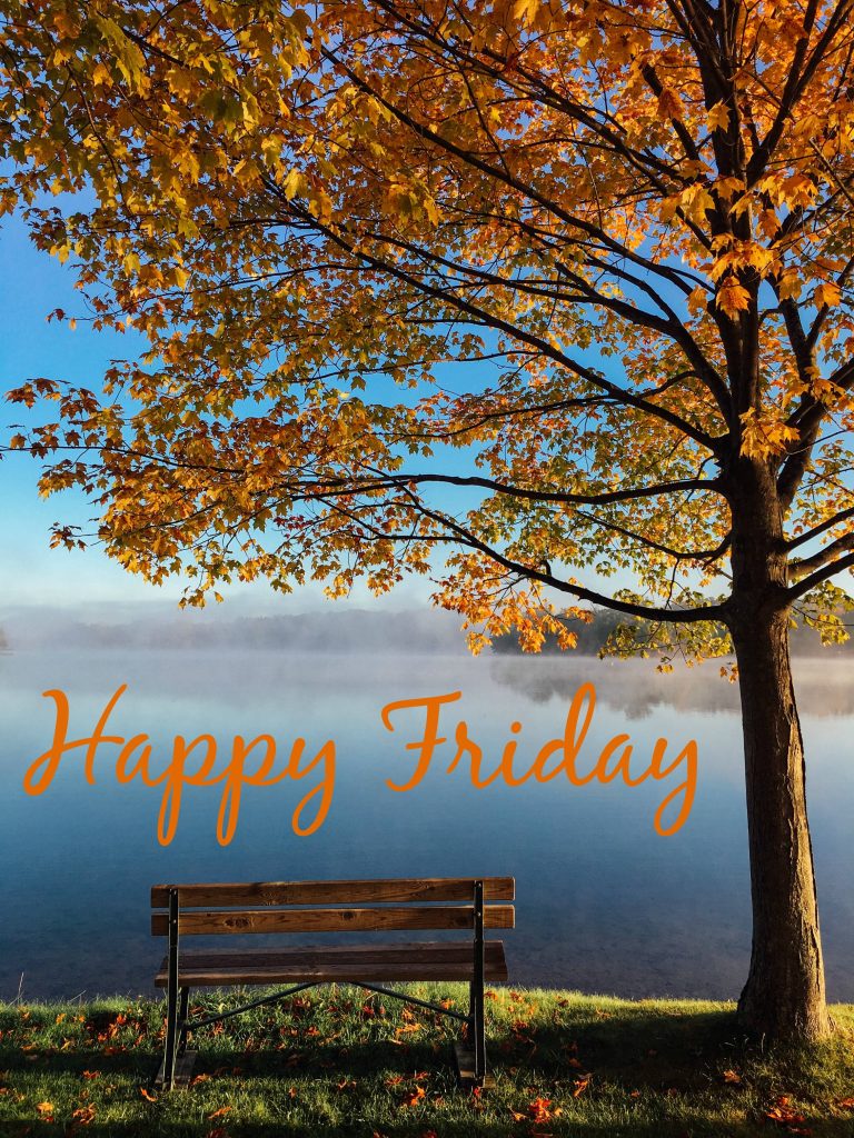Rustic bench by golden maple tree at misty lake sunrise peaceful Happy Friday autumn wallpaper