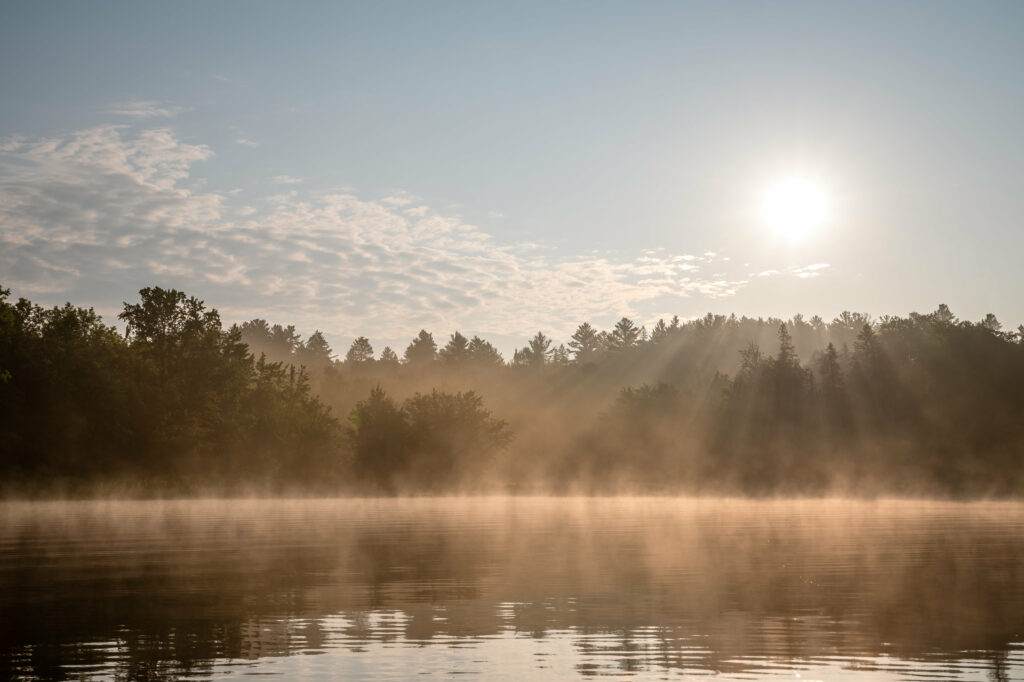 Serene lake at sunrise with gentle fog and sun rays filtering through mist and trees Wallpaper