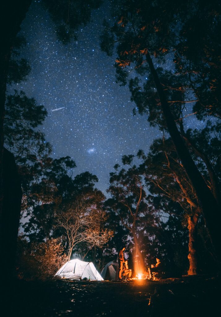 Glowing bonfire lights cozy tent in tranquil forest under vast starry night sky camping scene Wallpaper