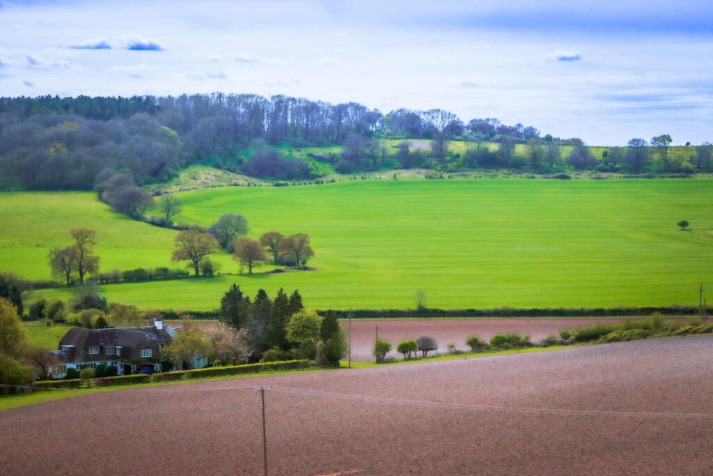 Peaceful rural landscape with green meadow rolling hills scattered trees and houses wallpaper background