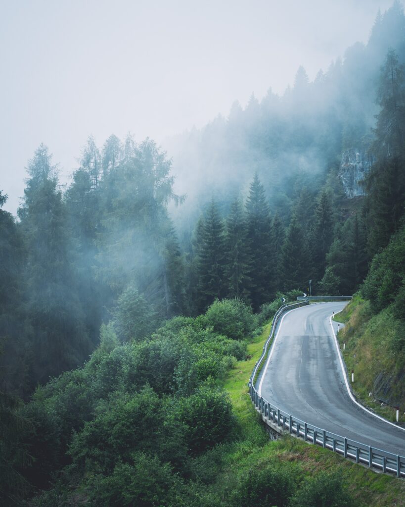 Winding road along green hillside with misty trees in serene foggy morning landscape wallpaper