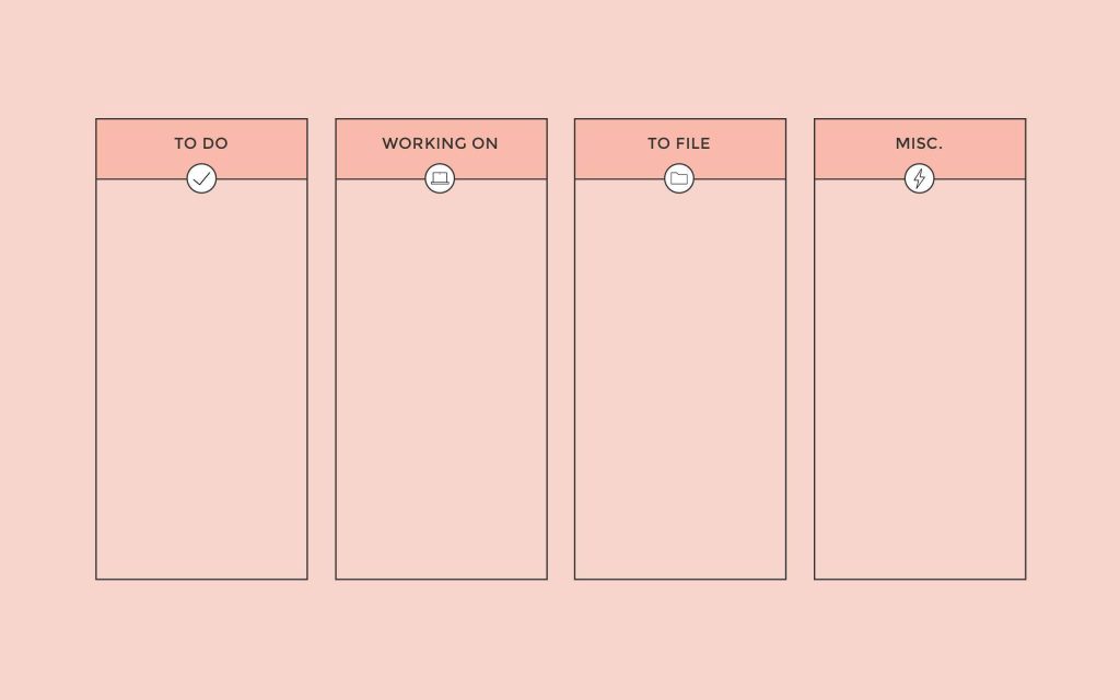 Peach desktop organizer wallpaper with labeled sections for to do working on to file and misc tasks