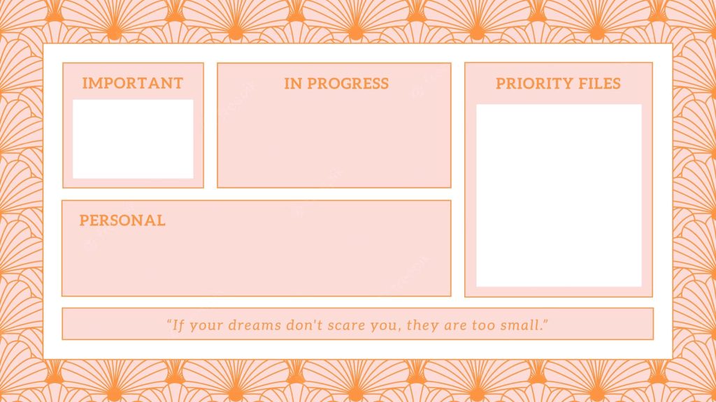 Aesthetic desktop organizer wallpaper with peach tones labeled sections and decorative shell border