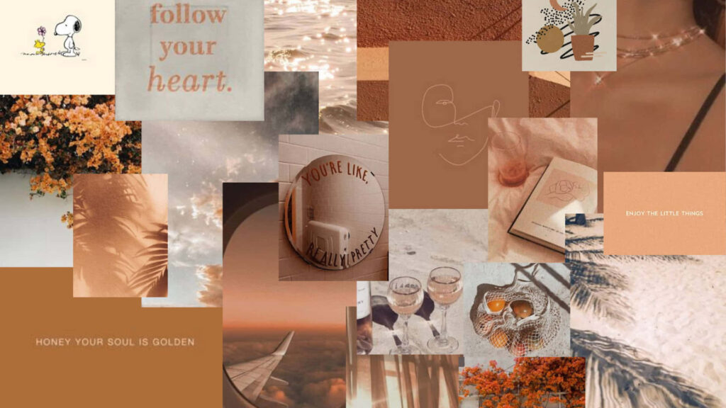 Sumptuous Serenity: A Stunning Desktop Collage of Peachy Delights - Cocktails, Mirror Magic, and Airborne Escapes Wallpaper