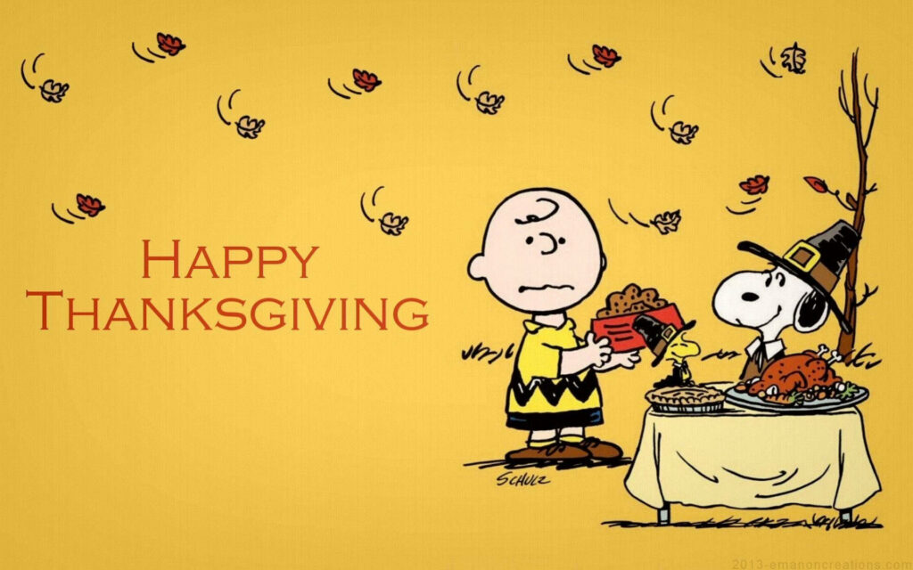 Festive Thankful Gathering: Snoopy and Peanut Present a Bowl of Joyful Peanuts Wallpaper