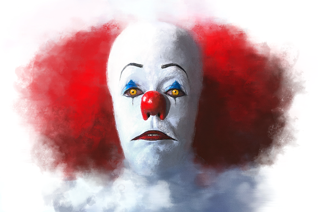 Close-up of Pennywise the Dancing Clown with yellow eyes red nose and wild crimson hair wallpaper